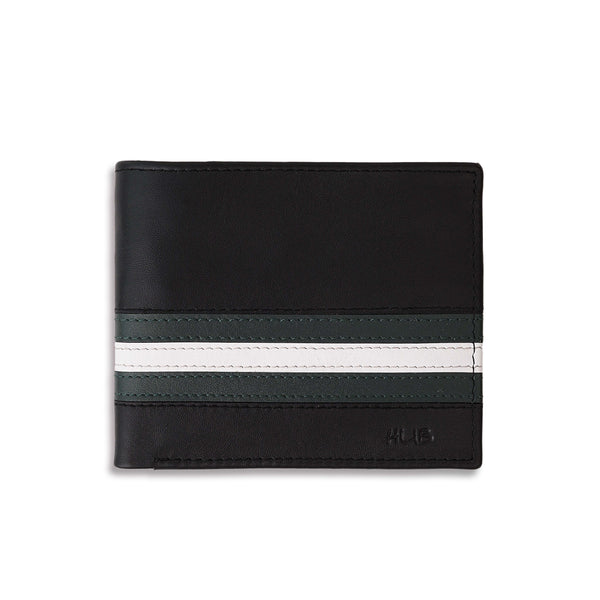 Men's Black Leather Bi-Fold Wallet with Green and White Racing Stripes