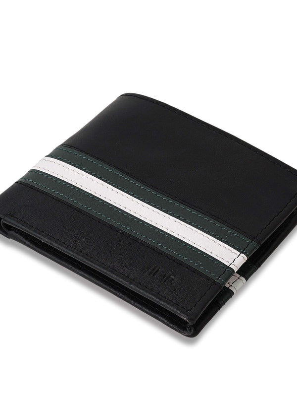 Men's Black Leather Bi-Fold Wallet with Green and White Racing Stripes