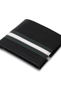 Men's Black Leather Bi-Fold Wallet with Green and White Racing Stripes