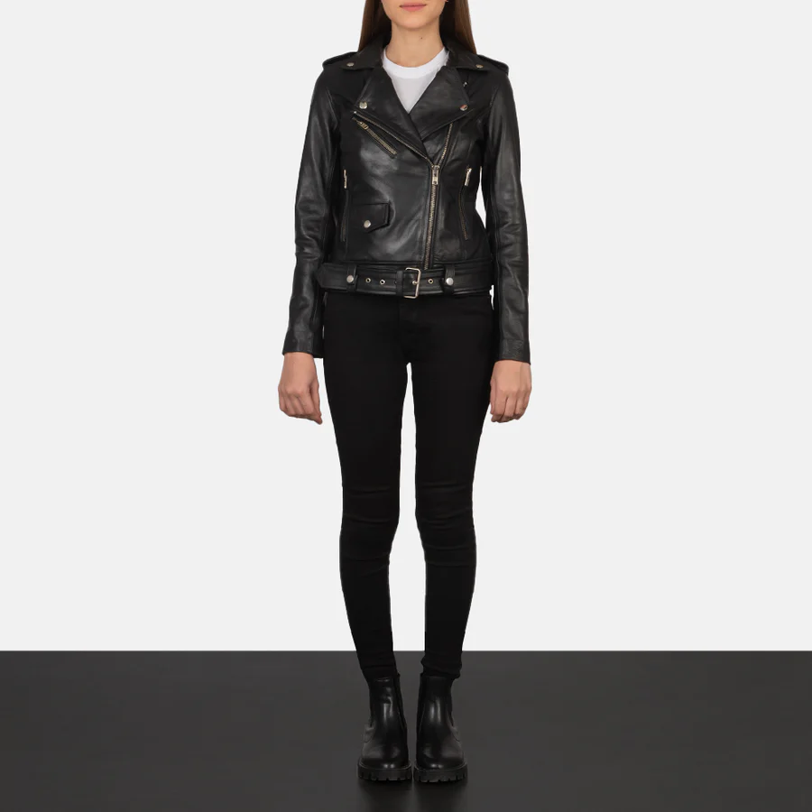 Alison Black Leather Biker Jacket - Image 4