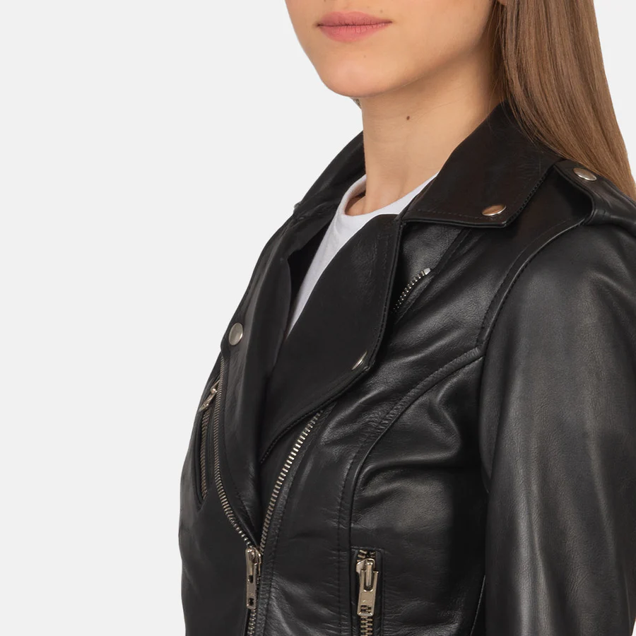 Alison Black Leather Biker Jacket - Image 2